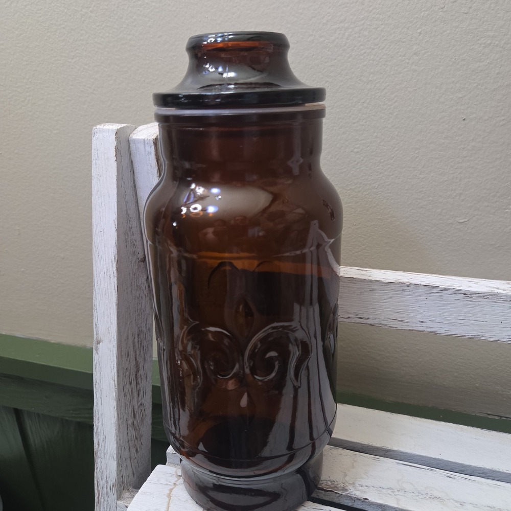 Vintage 60s 70s MCM Brown Amber Glass Apothecary Jar Lidded Canister Bottle 9"